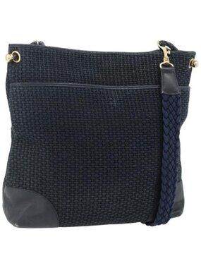 Authentic BOTTEGA VENETA Shoulder Bag straw Navy Gold